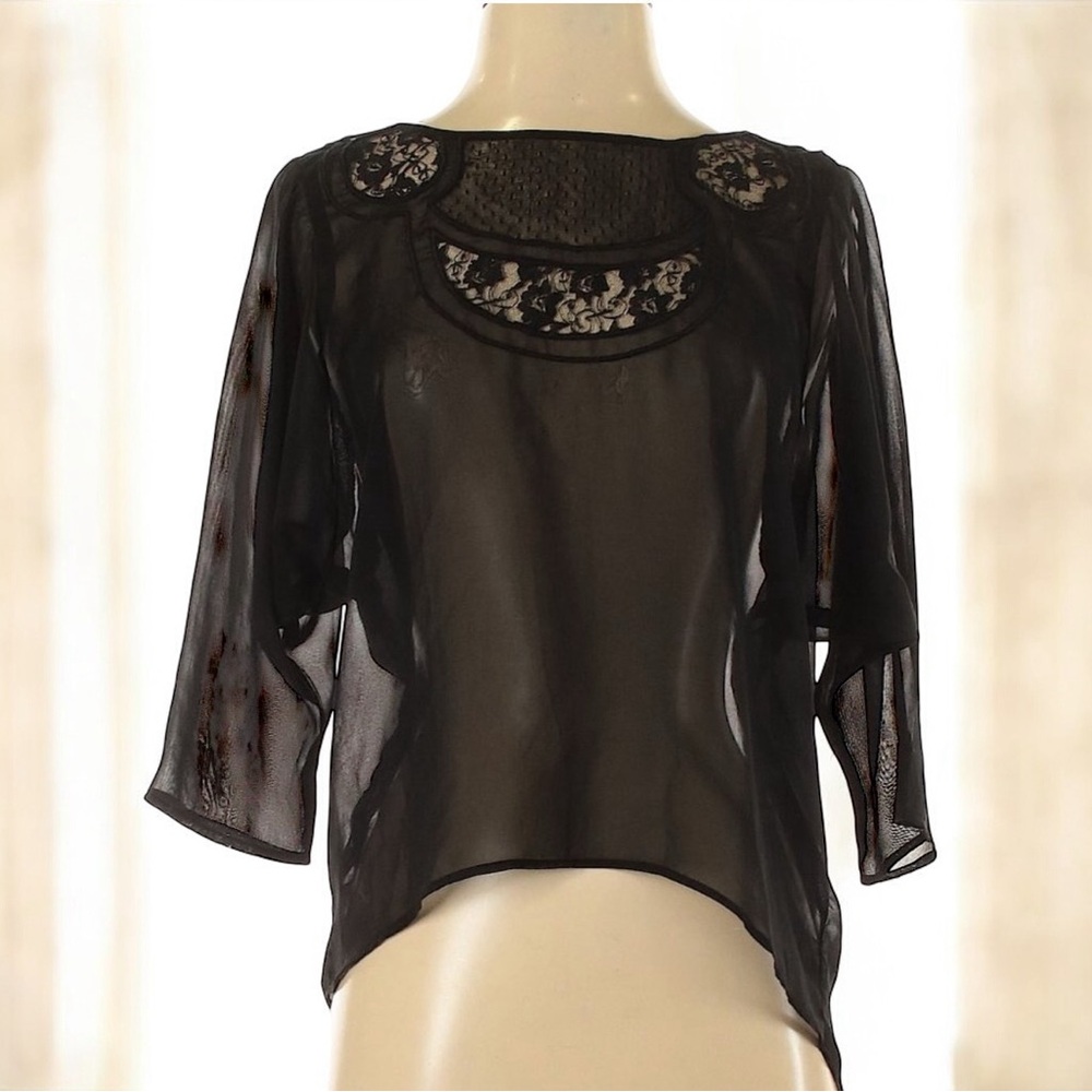 Love, Fire Sheer Black Lace Blouse | 3/4 Sleeve Boho Mesh Top | Size Small